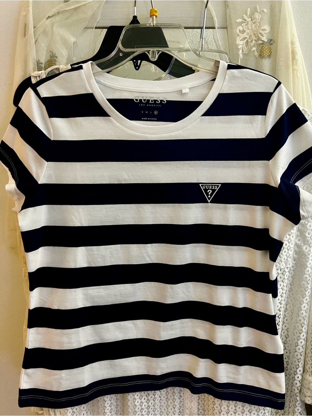 Guess Black and White Striped Short Sleeve Tee